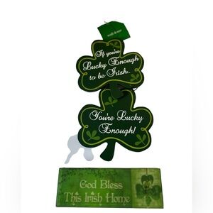Two Kelly Green Irish Decorations Featuring Shamrocks and Witty Verbiage.